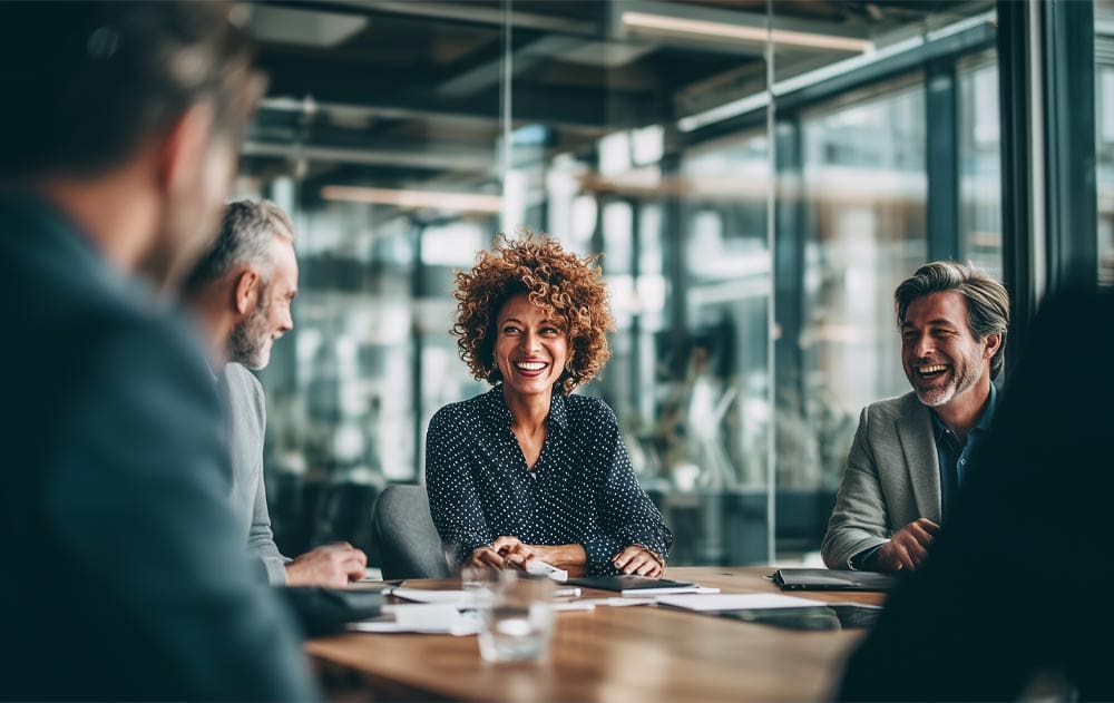 A diverse group of professionals in a modern office, engaged in discussion during a management training course, smiling and collaborating around a conference table.